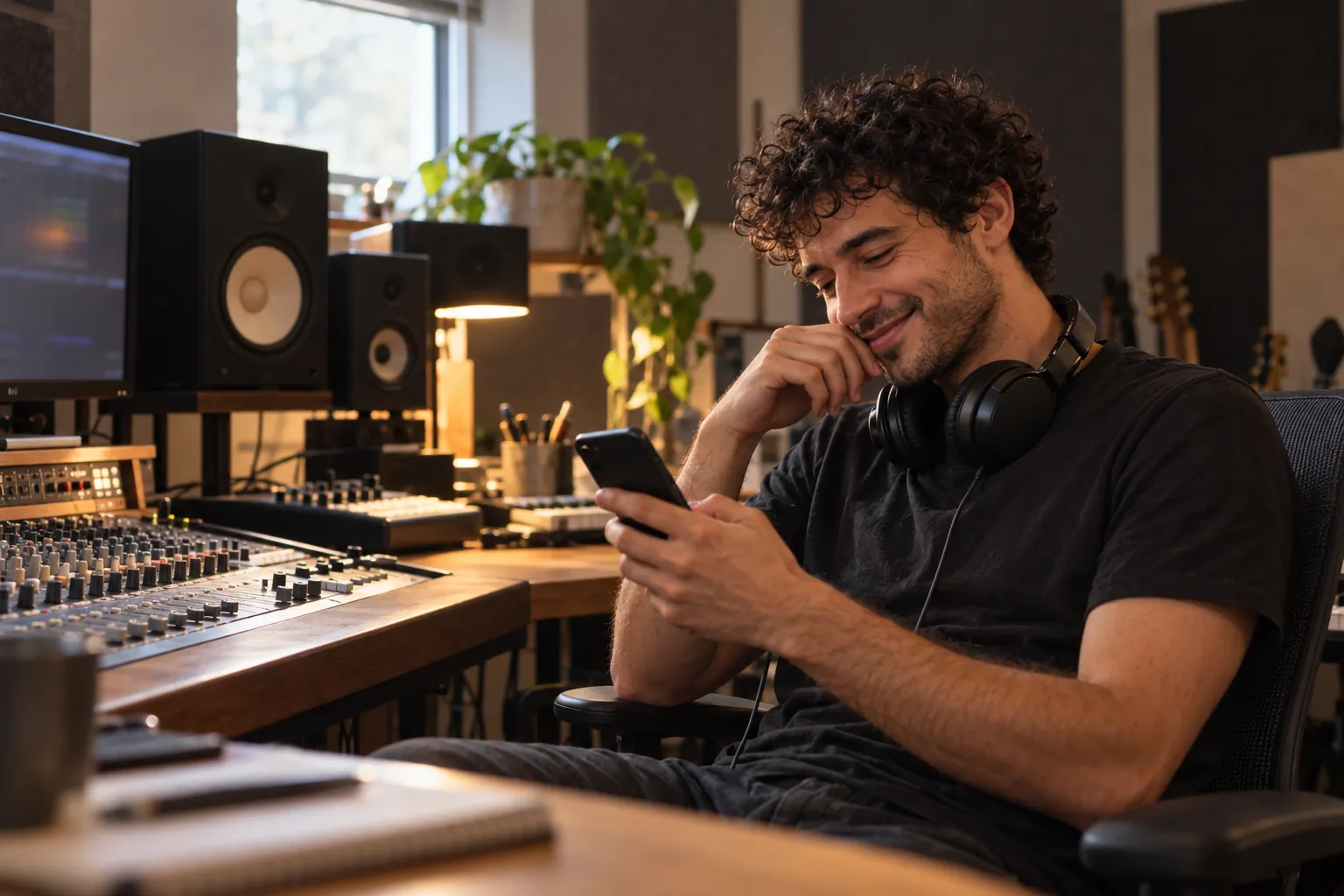 Chris at the mixing desk in the recording studio, smiling at a message on his phone