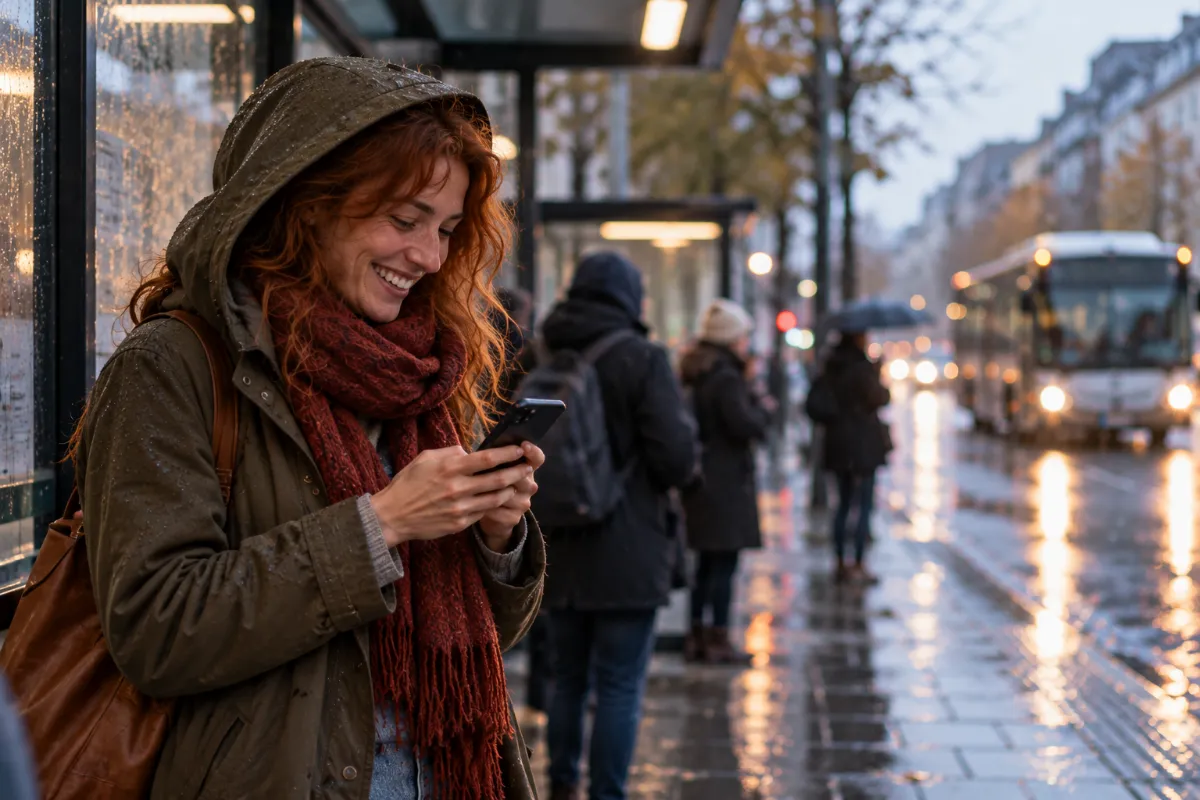 Nina at a rainy bus stop, laughing at her phone