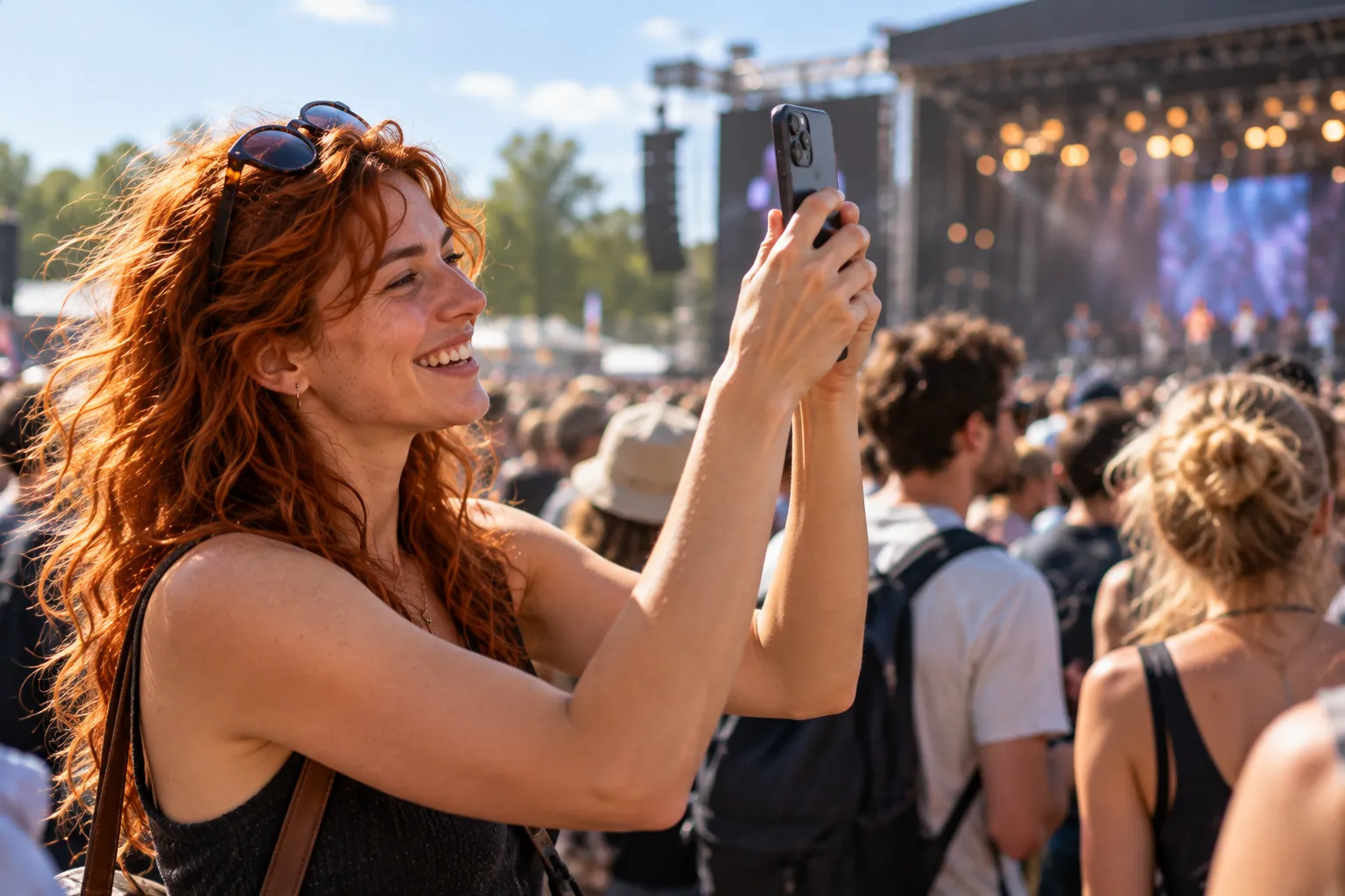 Nina films the stage at a festival, beaming