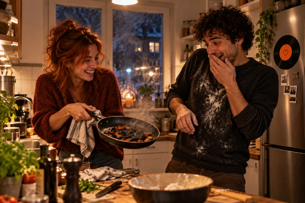 Nina laughs as she holds a pan of something burnt, Chris has flour on his jumper; the orange single hangs on the fridge