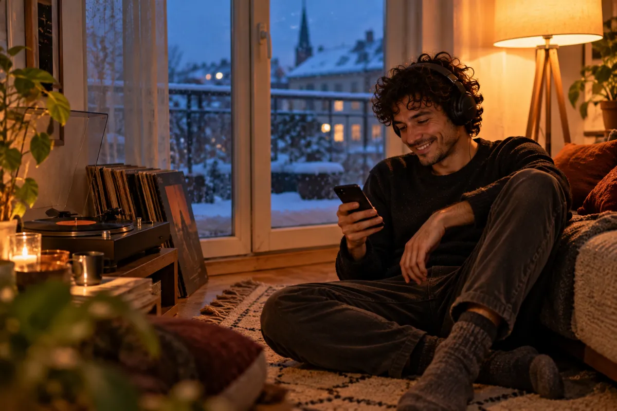 On a winter evening, Chris sits at the record player wearing headphones and grins at his phone