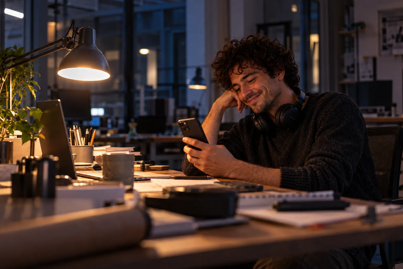 Chris sits in the office late at night, smiling at his phone