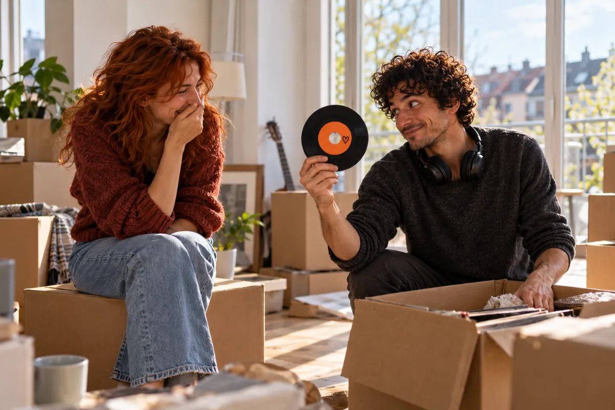 While moving house, Chris holds up a small orange single and Nina laughs behind her hand