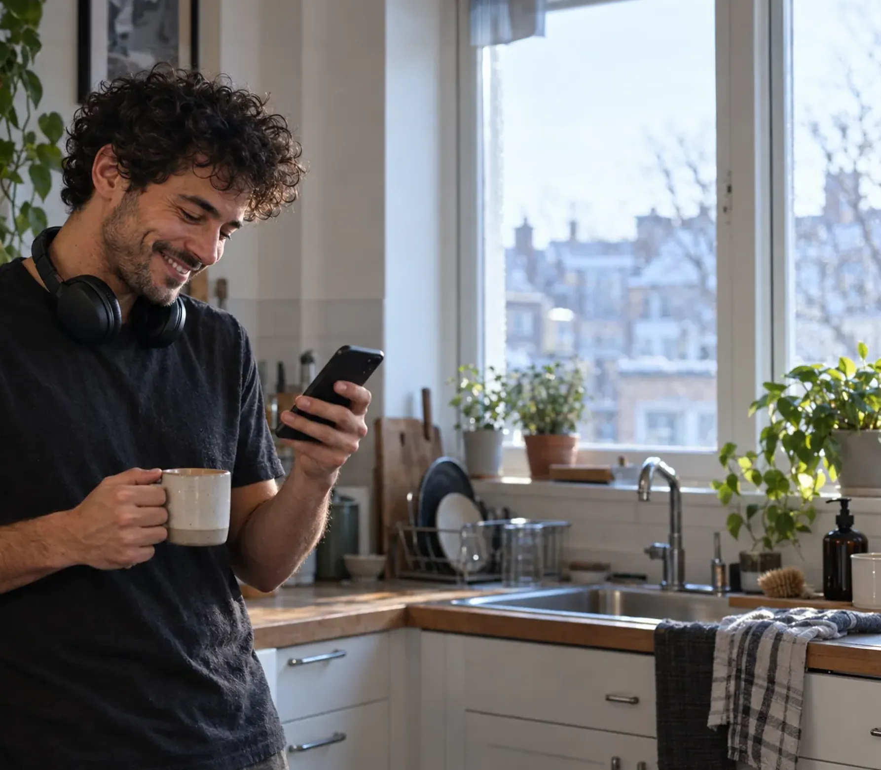 In the morning, Chris leans in his kitchen with a coffee mug and headphones round his neck, grinning at his phone