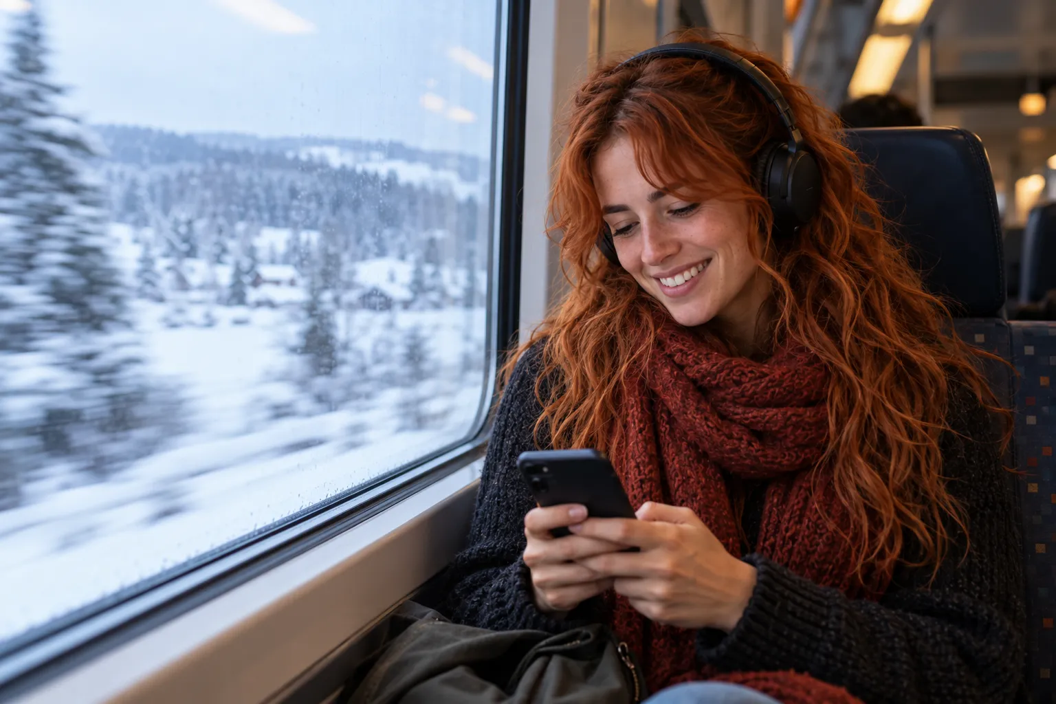 Nina sits by a train window in winter wearing headphones, smiling at her phone