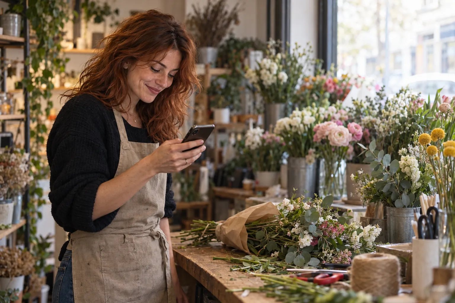 Nina in an apron in her flower shop, smiling at a message on her phone