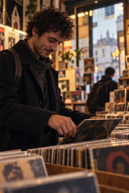 Chris browses a record shop and pulls a record from the shelf with a grin
