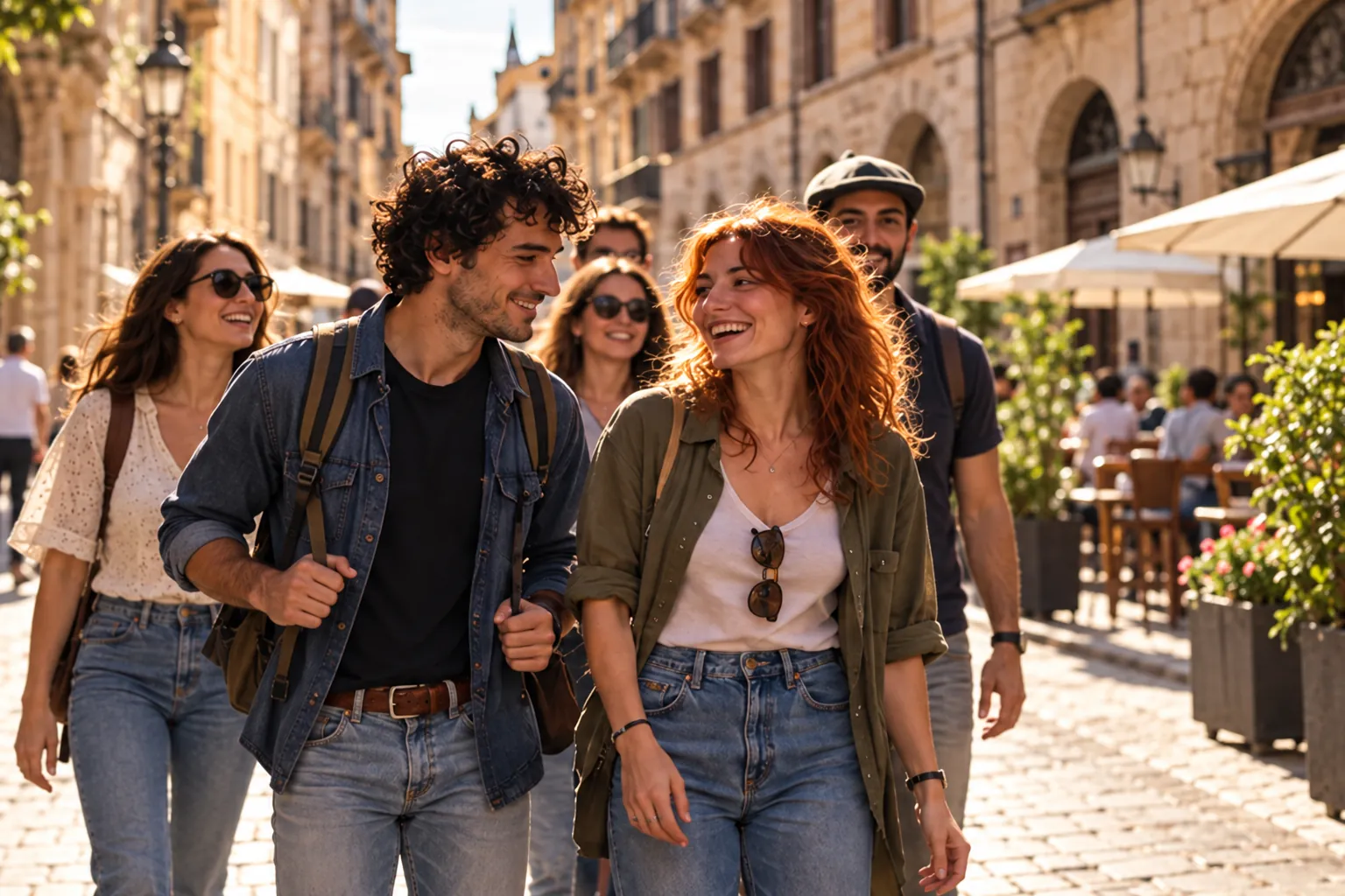 Nina and Chris stroll through a sunny old town with friends, laughing