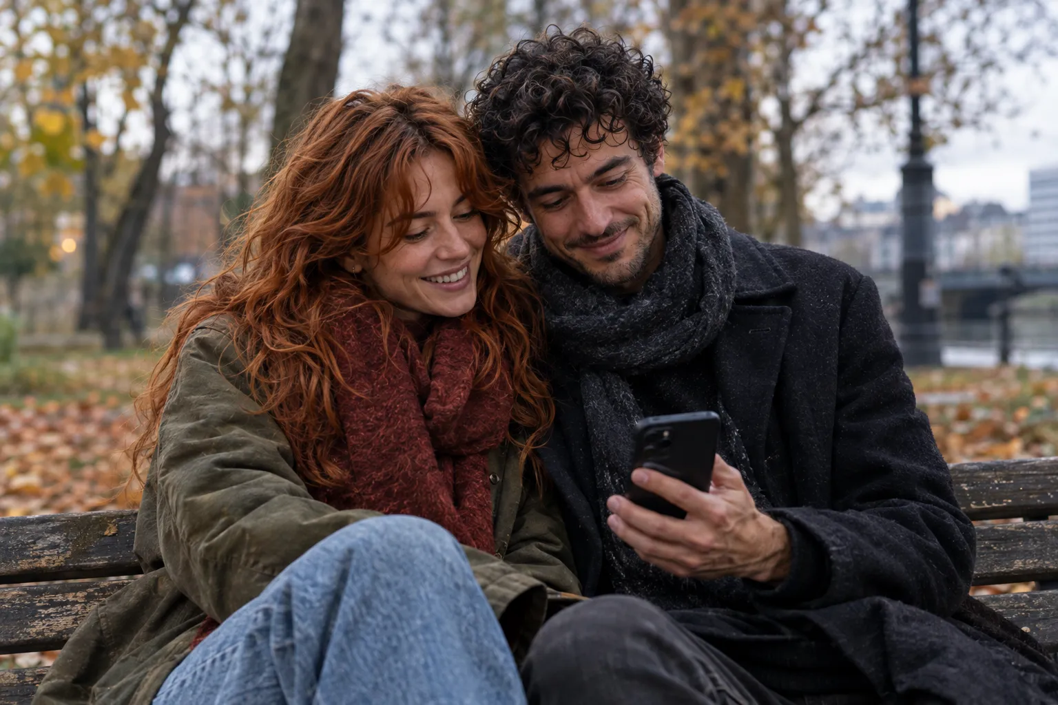 Years later, Nina and Chris sit on a park bench in autumn, smiling as they look at a phone together