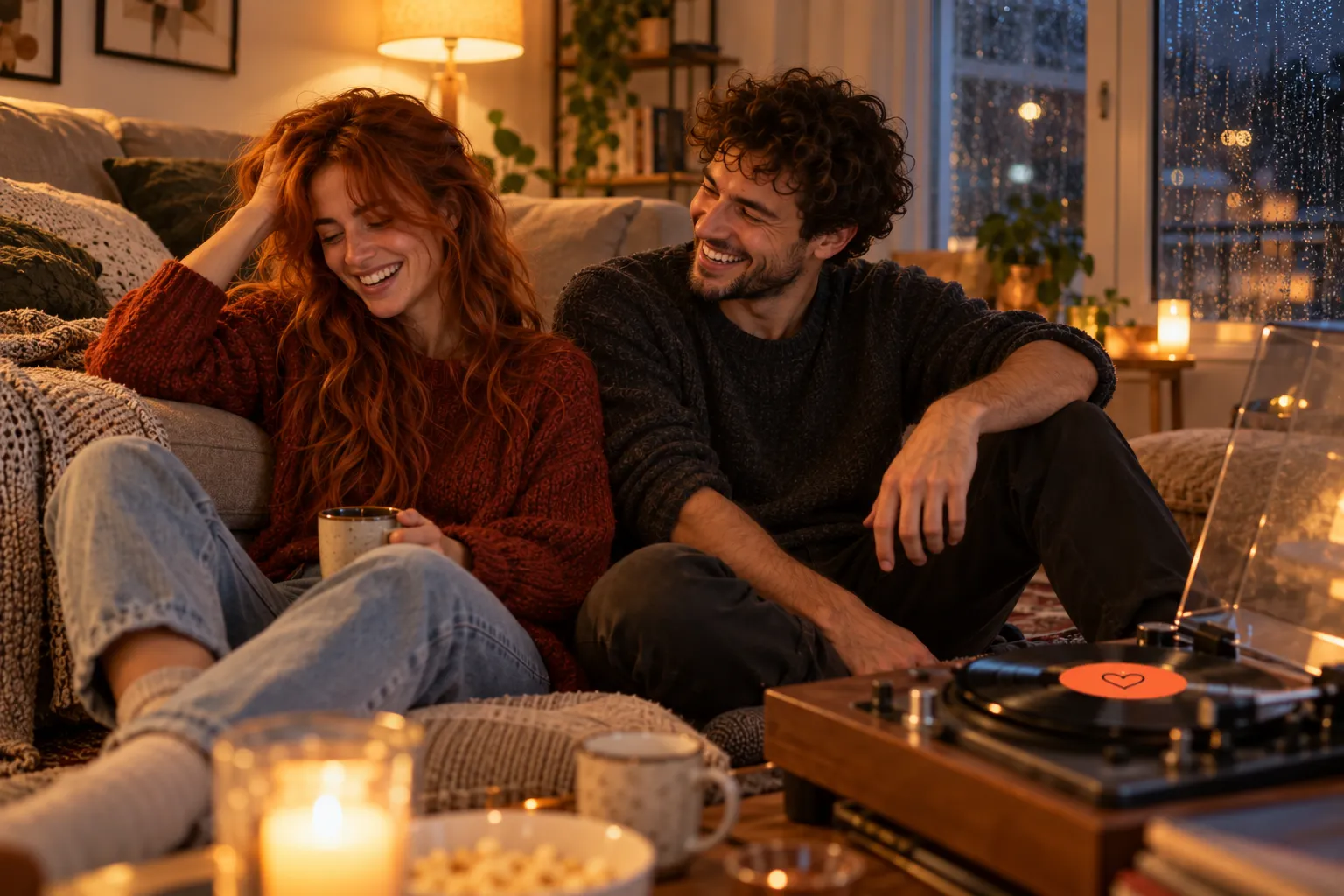 On a rainy evening, Nina and Chris sit laughing in front of the sofa while the orange single plays on the record player