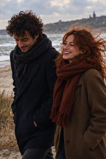 Nina and Chris walking together on the beach, laughing