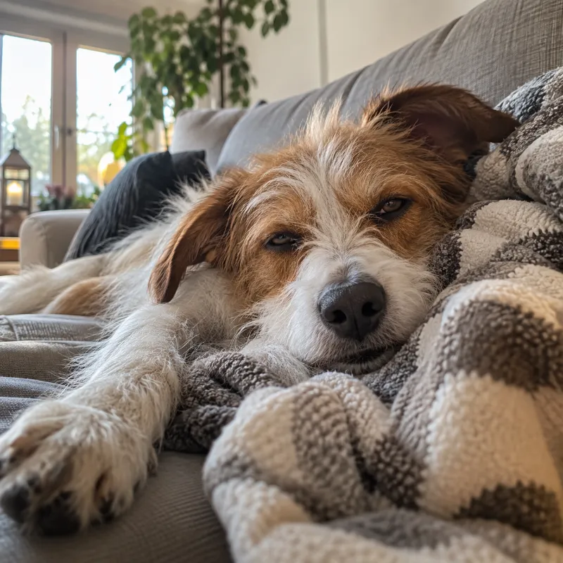 An exhausted dog on the sofa