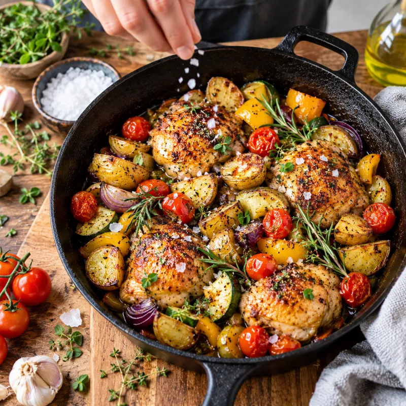A perfectly plated oven dish in a black cast-iron pan