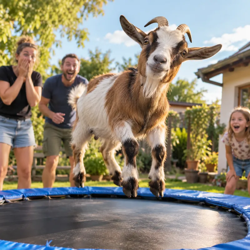 A goat jumping on a trampoline