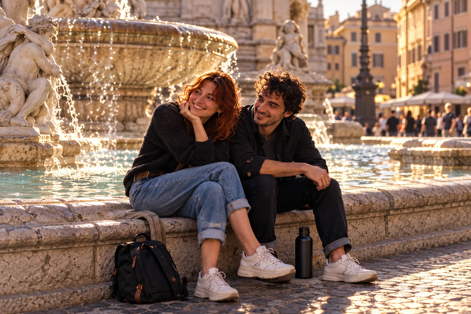 Two friends sitting together by a fountain.